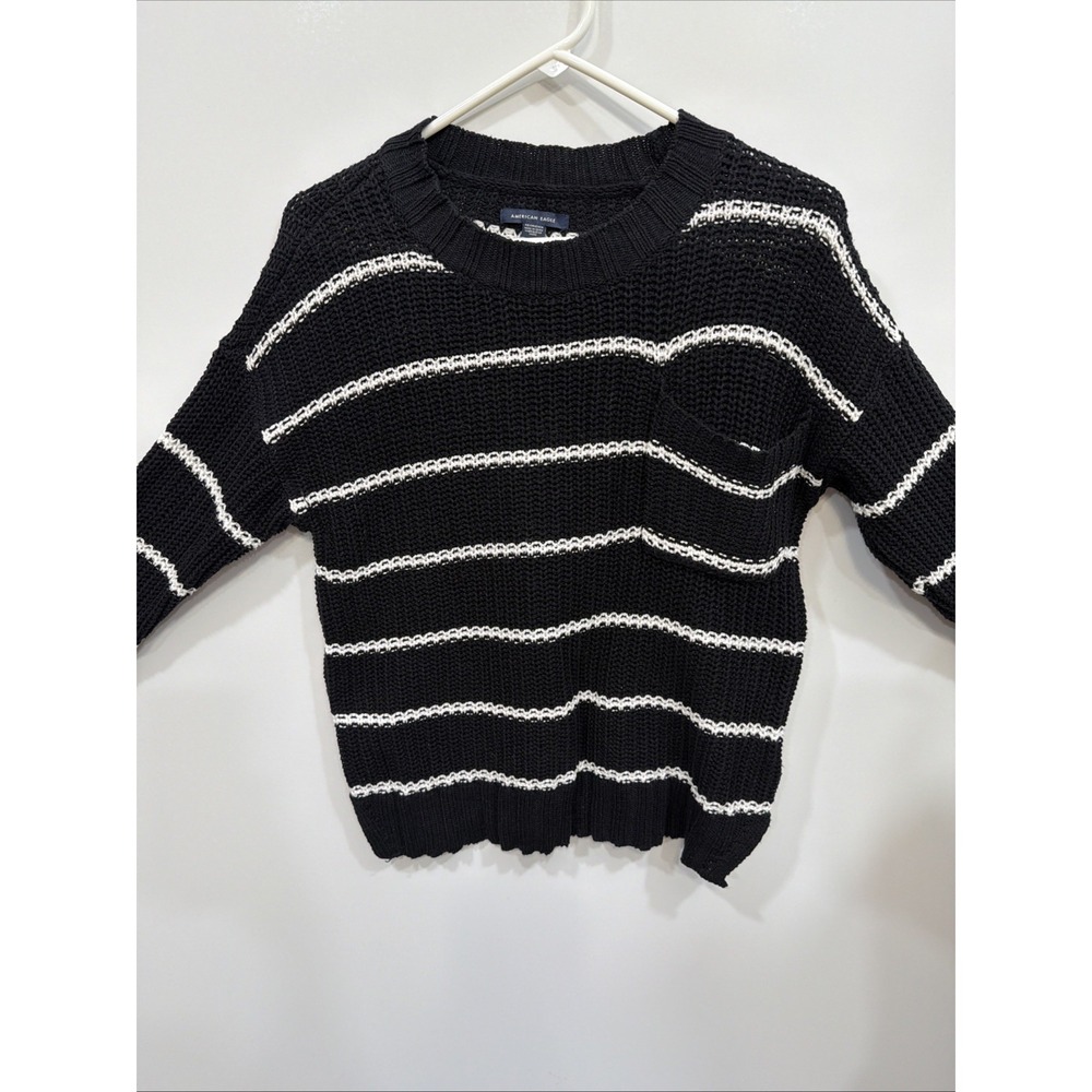 American Eagle Striped Oversized Crew Neck Pocket Sweater Sz XS. Black‎ & White